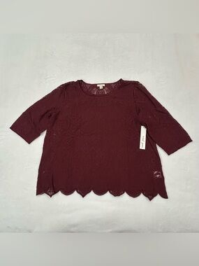 Tribal Jeans 3/4 Sleeve Round Neck Cabernet Wine Lace Shirt Blouse Women’s XL
